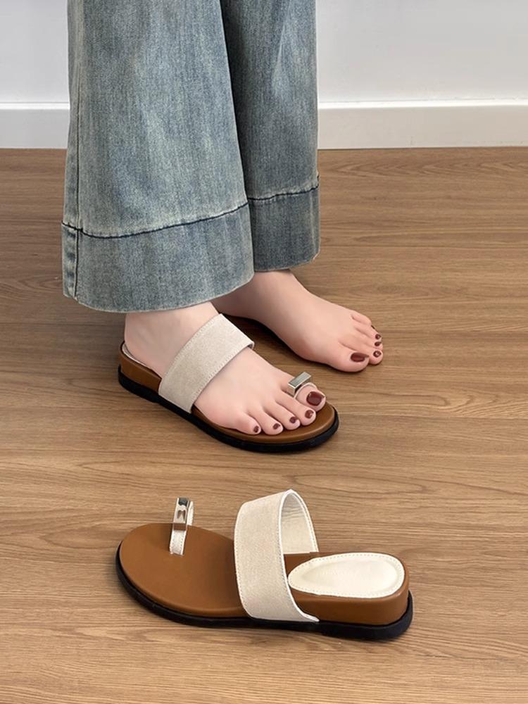 Sheepskin version~ Genuine leather thick bottom height increase 4CM one-word with set toe slippers women wear beach casual cool slippers
