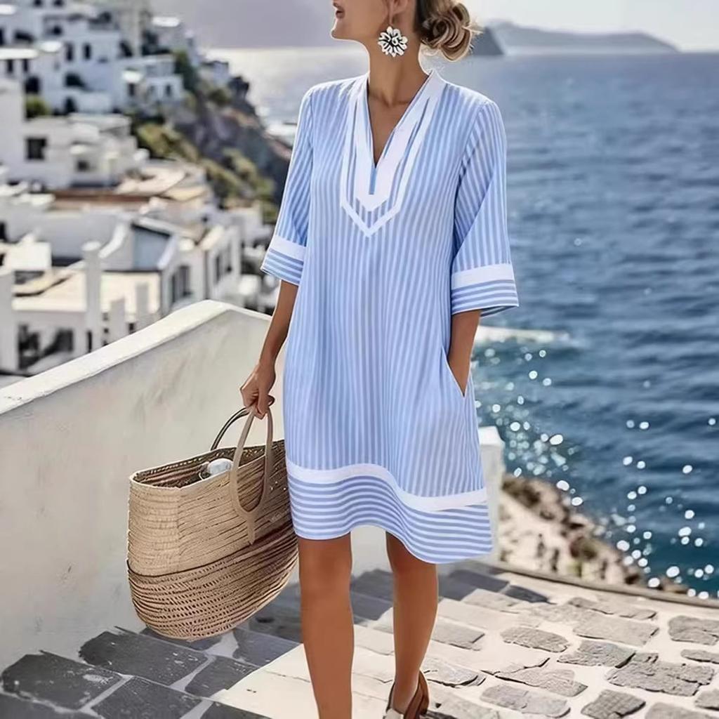 2026 new seaside vacation style V-neck bohemian print loose beach dress short sleeve casual fashion