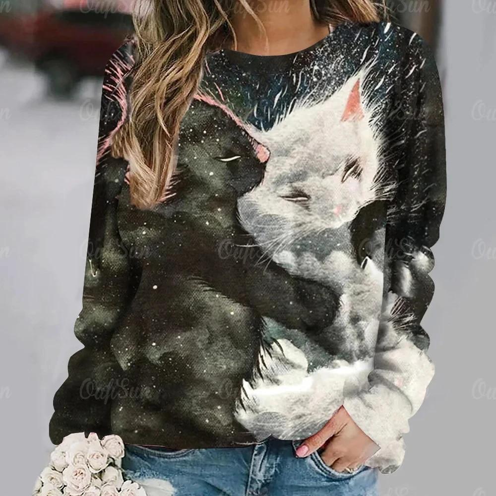 Dámské tričko Anime Kočičí potisk Topy s dlouhým rukávem Vintage svetr Bavlna s výstřihem do tvaru Y2k Dámské oblečení Oversized Street Pullover