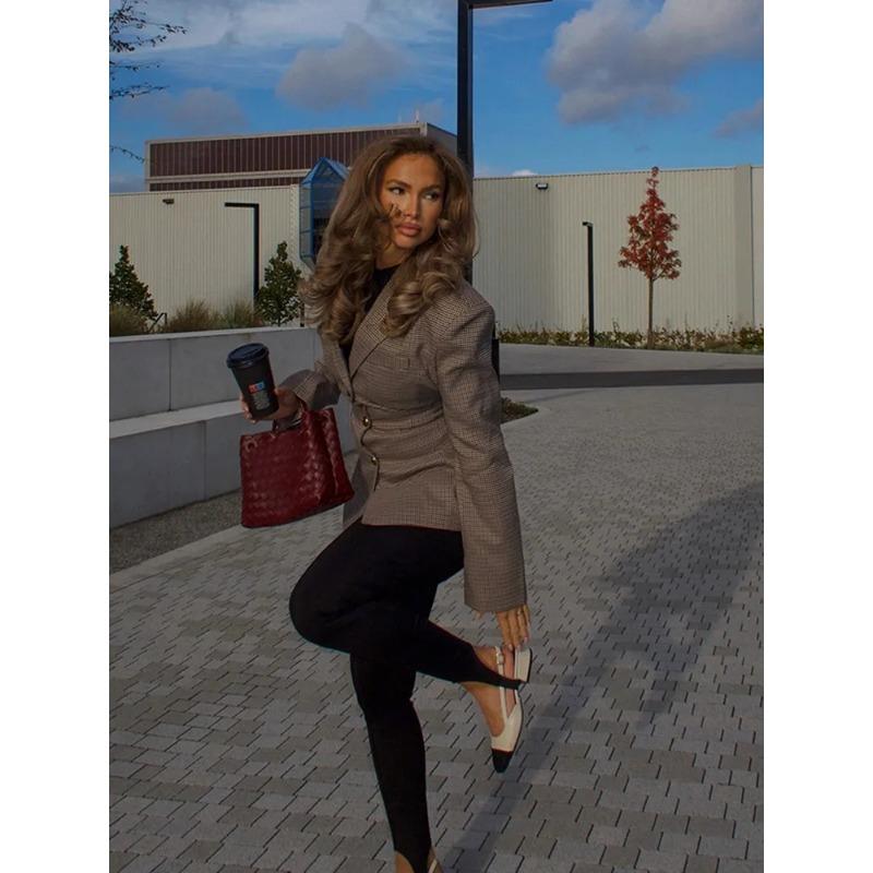 Woman Commute Khaki Plaid Suit Coat V Neck Lapel Long Sleeved Loose Button Jacket Fashion Charm Office Street Female Outercoat