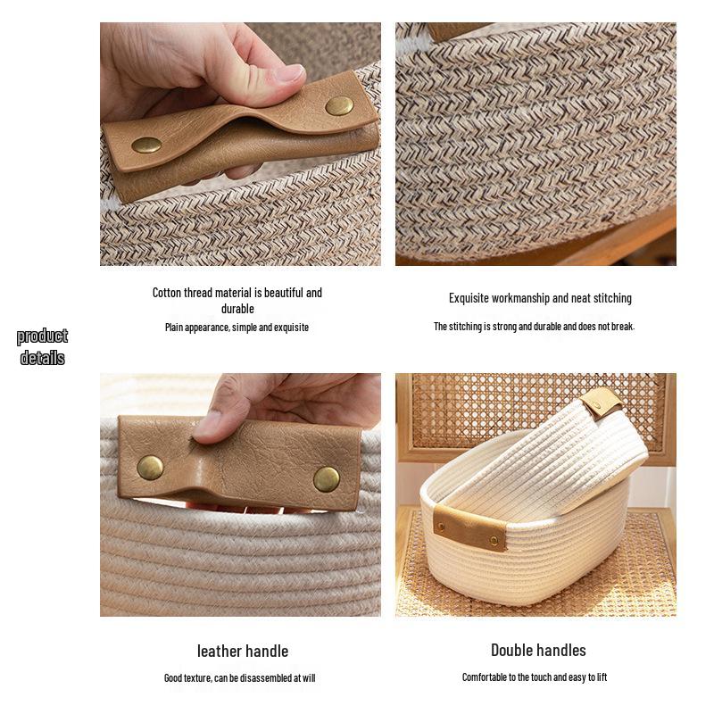 Coș de depozitare pliabil din frânghie de bumbac cu mânere - Organizator de birou pentru cosmetice și diverse