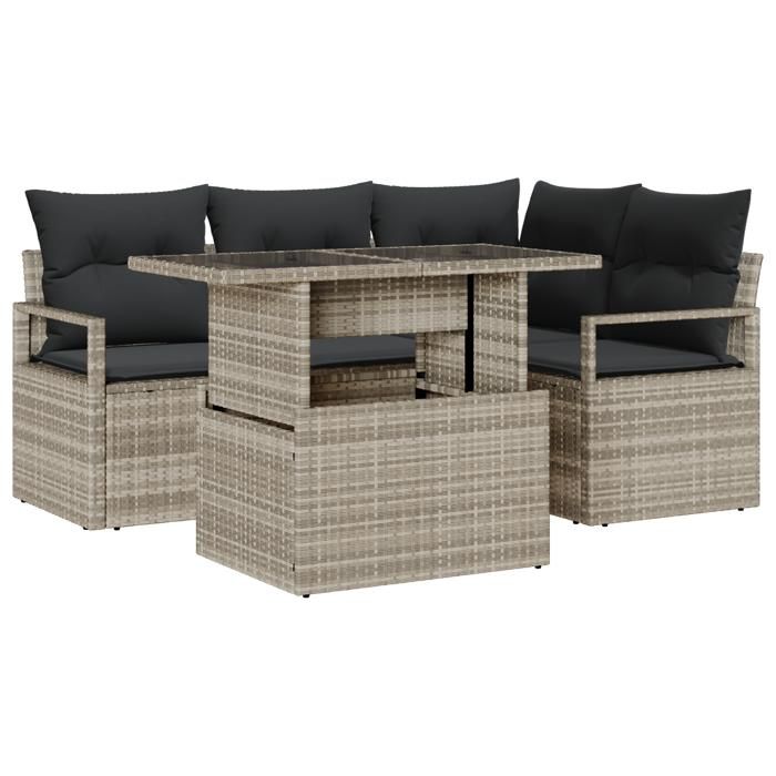 Ensemble de Canapés de Jardin vidaXL 5 pièces avec Coussins Gris Clair en Poly Rattan, Canapé de Jardin 2 Places vidaXL avec 3357555