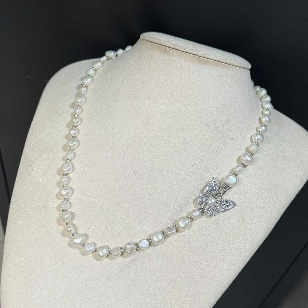 50CM Butterfly Buckle Sweater Chain AAA Baroque Long Necklace 6-8mm Natural White Freshwater Pearl Immortal Charm Pearl
