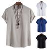 Men Shirt Stand Collar Buttons Neckline Solid Color Short Sleeves Pullover Casual Wear Cotton Linen Male Tops Summer Fashion T-shirt Commuter Wear