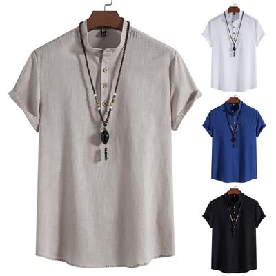 Men Shirt Stand Collar Buttons Neckline Solid Color Short Sleeves Pullover Casual Wear Cotton Linen Male Tops Summer Fashion T-shirt Commuter Wear