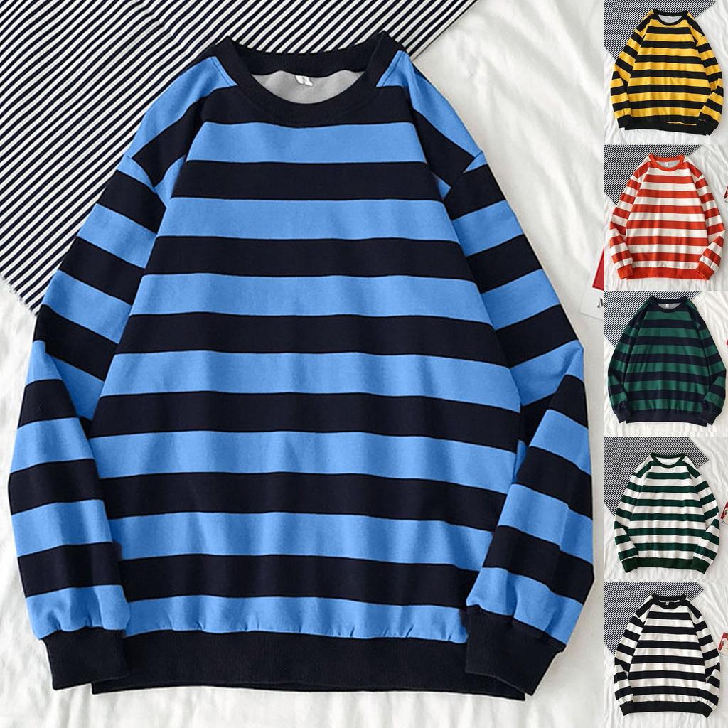 Men's Autumn Winter Round Neck Stripe Sweatshirt Pullover Tops Long Sleeved