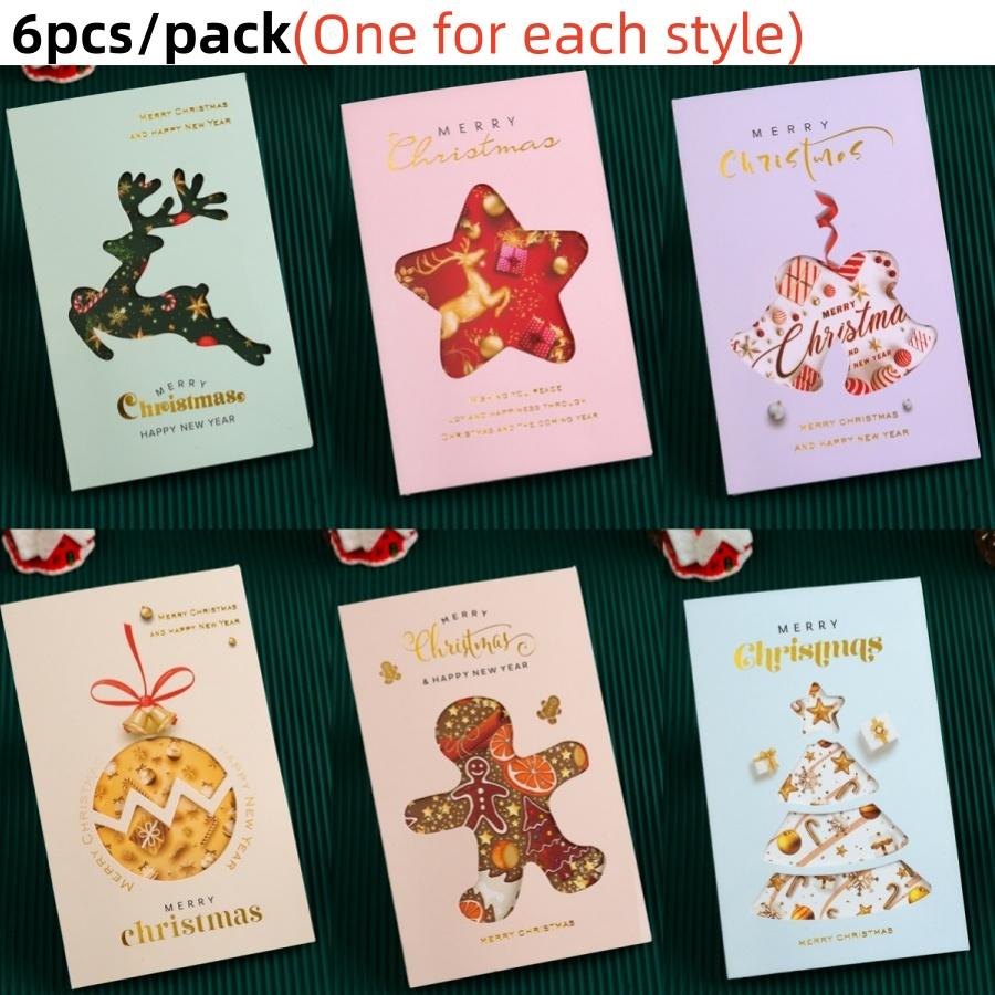 

6pcsChristmas Gold Foil Greeting Card Christmas Gift Cartoon Bell Christmas Tree Reindeer Star Gingerbread Man Blessing Hollow S