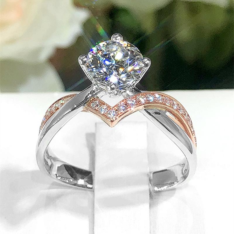 Adjustable 1-Carat Simulated Diamond Ring 925 Sterling Silver Plated Rose Gold Diamond-Cut Women s Engagement Jewelry Gift resizable