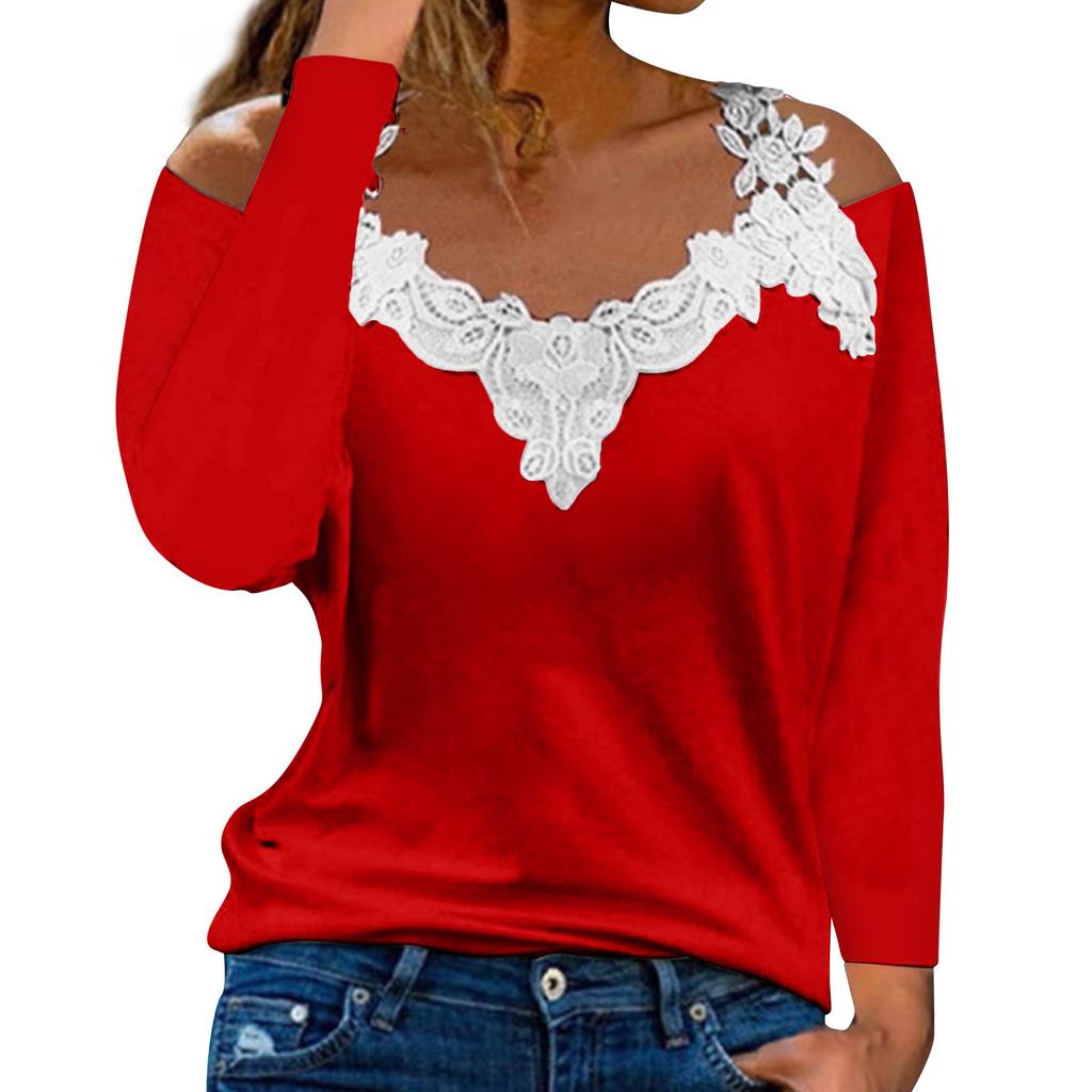 Fashionable Lace V-neck Pullover Long Sleeve Top Color Casual T-shirt