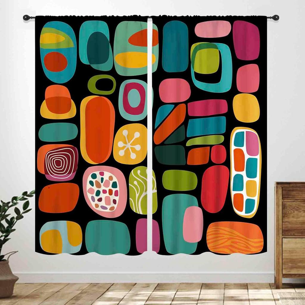 Mid Century Modern Curtains,Blue Orange Abstract Atomic Geometric Pattern Retro 1950S 1960S Style Window Treatments For Bedroom
