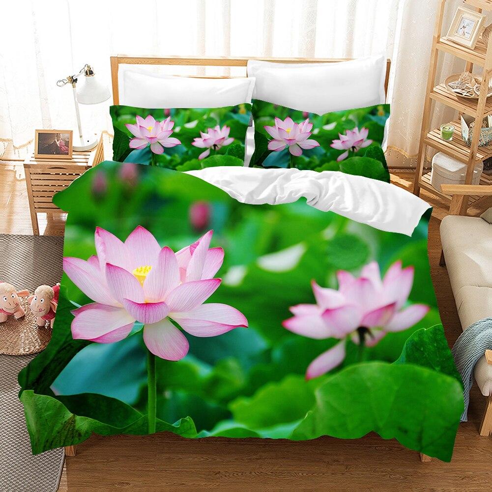 Juego de funda de edredón con estampado floral de loto, juego de cama con estampado de flores de hibisco rosa para niñas y mujeres, tema de la naturaleza