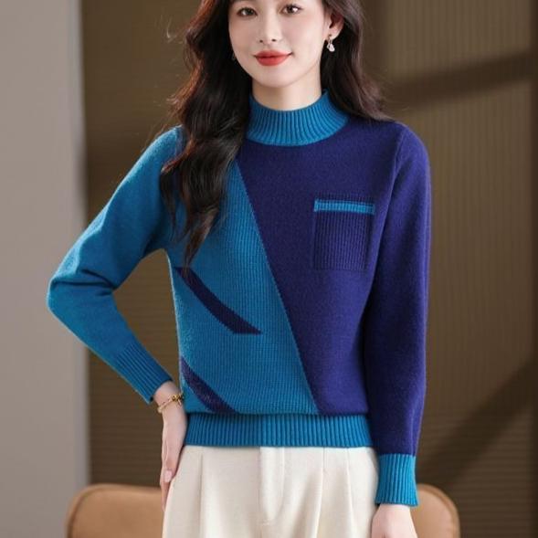 Autumn Winter Women's Crew Neck Thick Knit Sweater Loose Color-block Soft and Skin-friendly Knitted Pullover Top