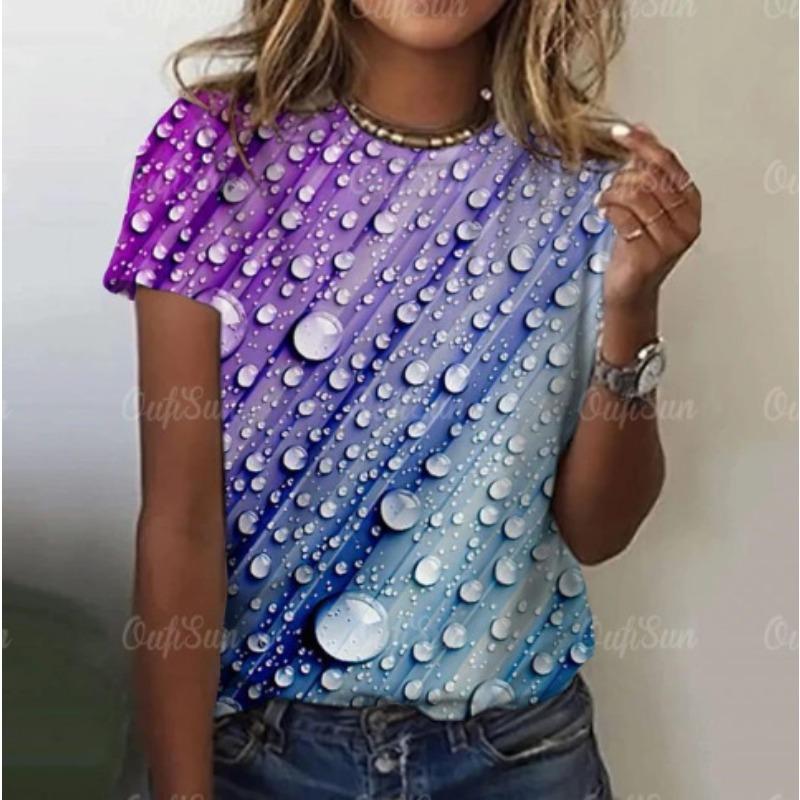 Summer New Women's Loose Shirt, Water Drop Pattern Printing Round Neck Short Sleeves