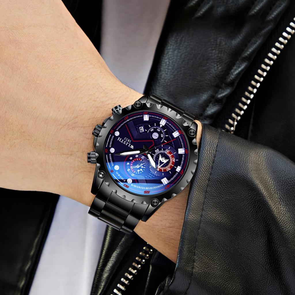 Stylish Analog Watch with Waterproof Calendar and Stainless Steel Black Band and Black Dial Men's Strap,
