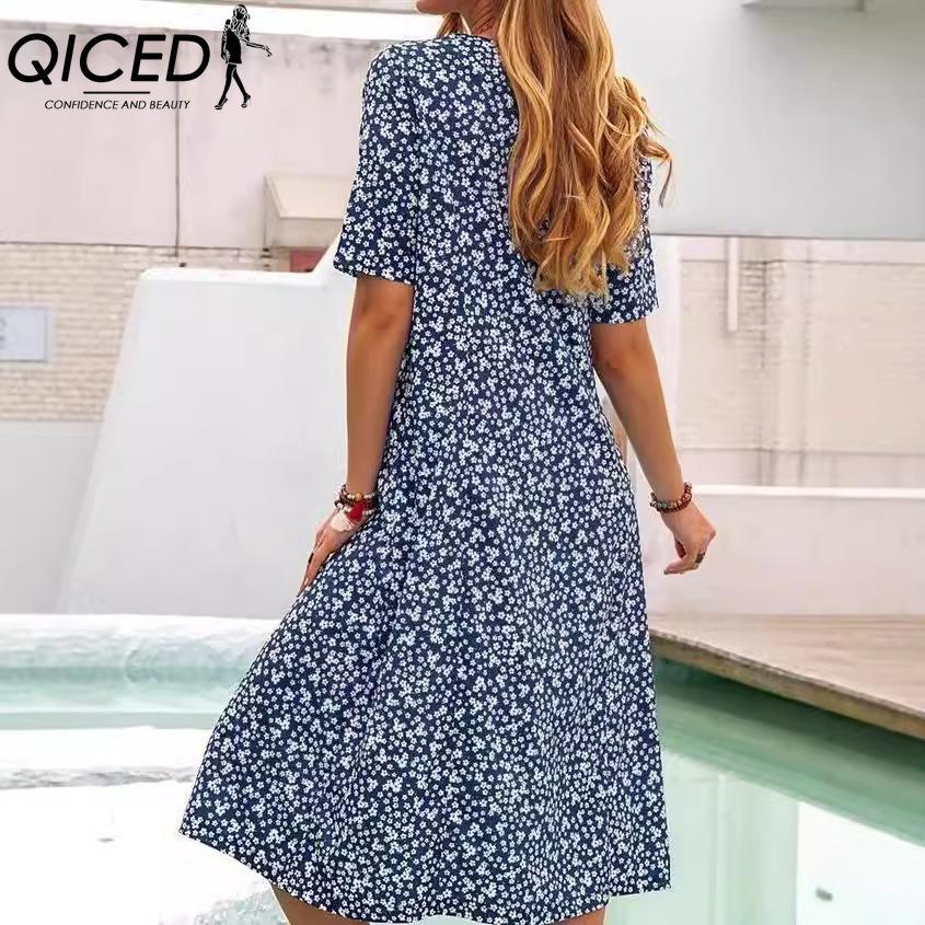 QICED Damemote Sommer Våren Ensfarget Print Kortermet O-hals Høy midje Uformelle kjoler