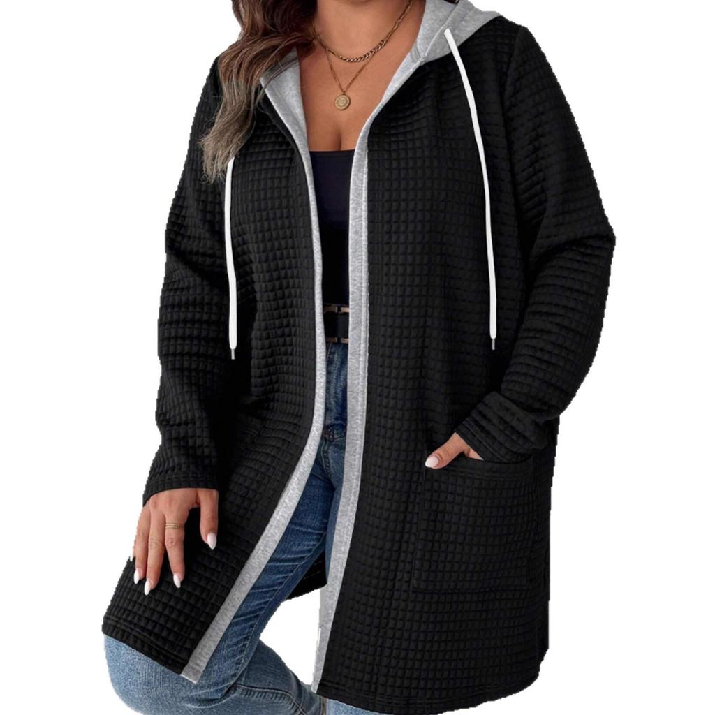 Plus Size Fake Two-Piece Hooded Cardigan with Pockets & Drawstring Long Chic Fall/Winter Women's Coat