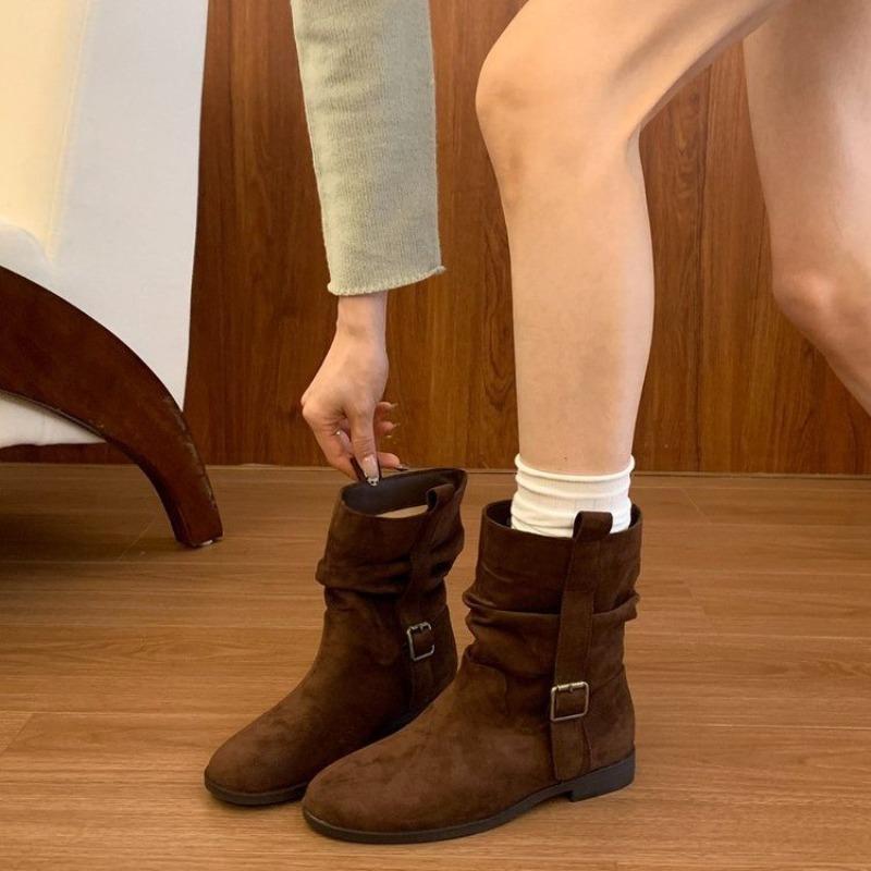 Simple design retro style flat bottom Martin boots women s autumn and winter wear suede round head commuting versatile medium boots 39 темно-коричневого 3960₽