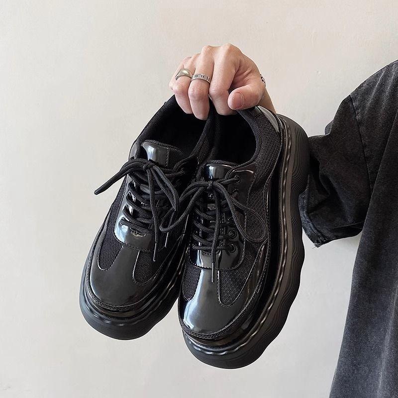 Men's Summer Mesh Breathable All Black Platform Casual Big Head Muffin Derby High-end Leather Dad Shoes
