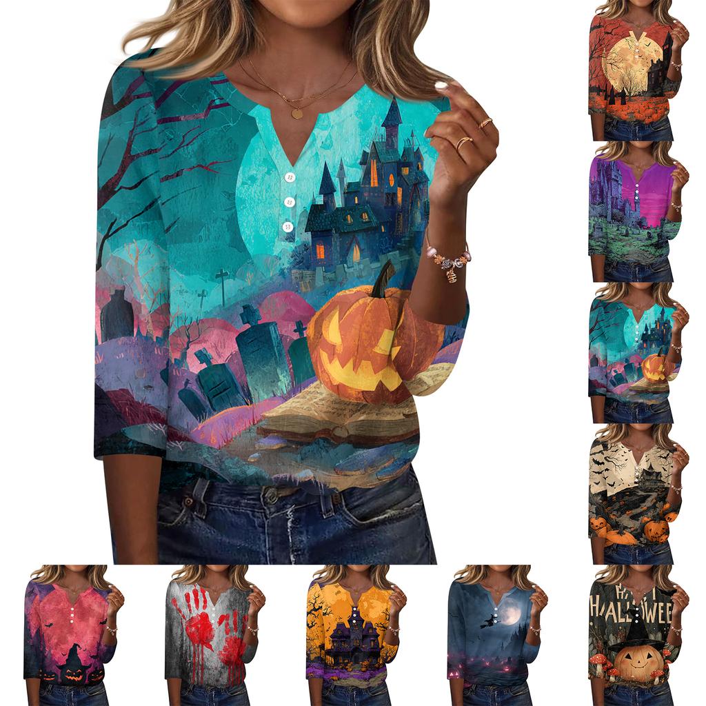 Women's Casual Halloween Print V Neck Button Front Three Quarter Sleeve T Shirt Top Lightweight Comfortable Fit for Everyday Wear