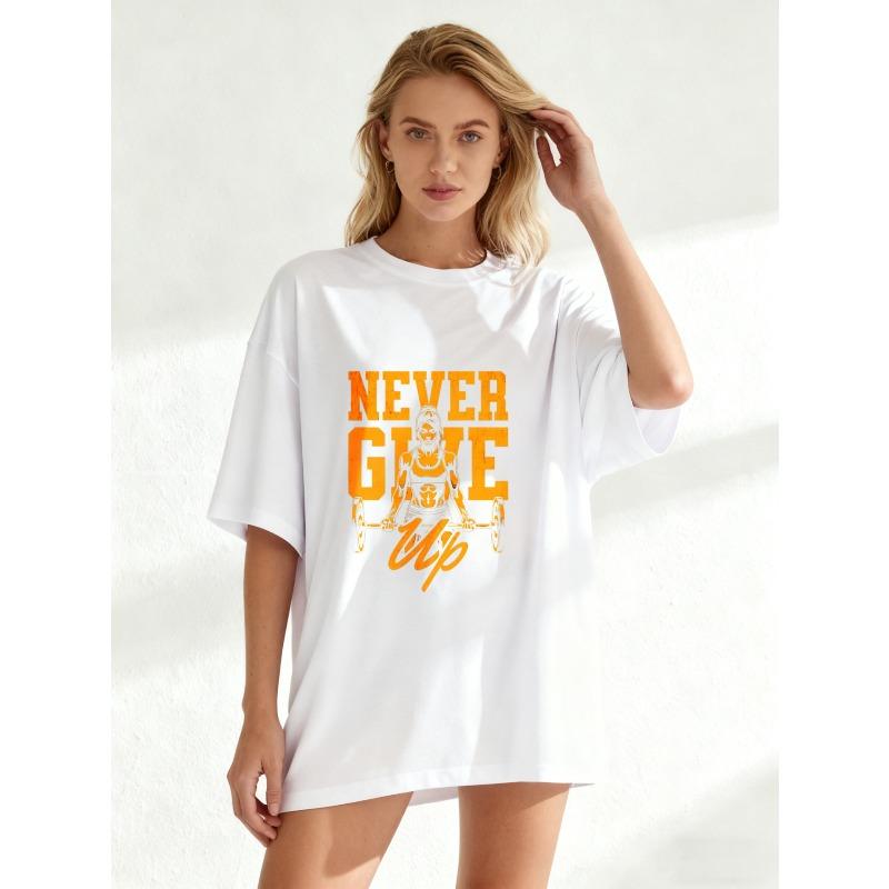 Black Oversized T Shirt Never Give Up Fitness Woman Lifting Barbell Graphic Print Motivational Quote Gym Workout Sport Casual Wear