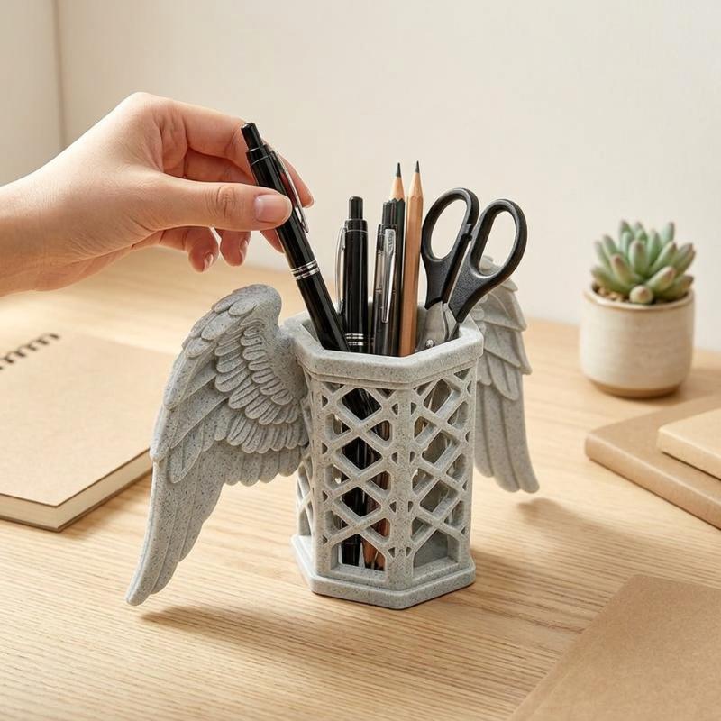 Desktop Angel Wing Ornament Plastic Angel Wings Pen Holder Hollow Decorative Makeup Brush Holder Stable Desk Organizer Office