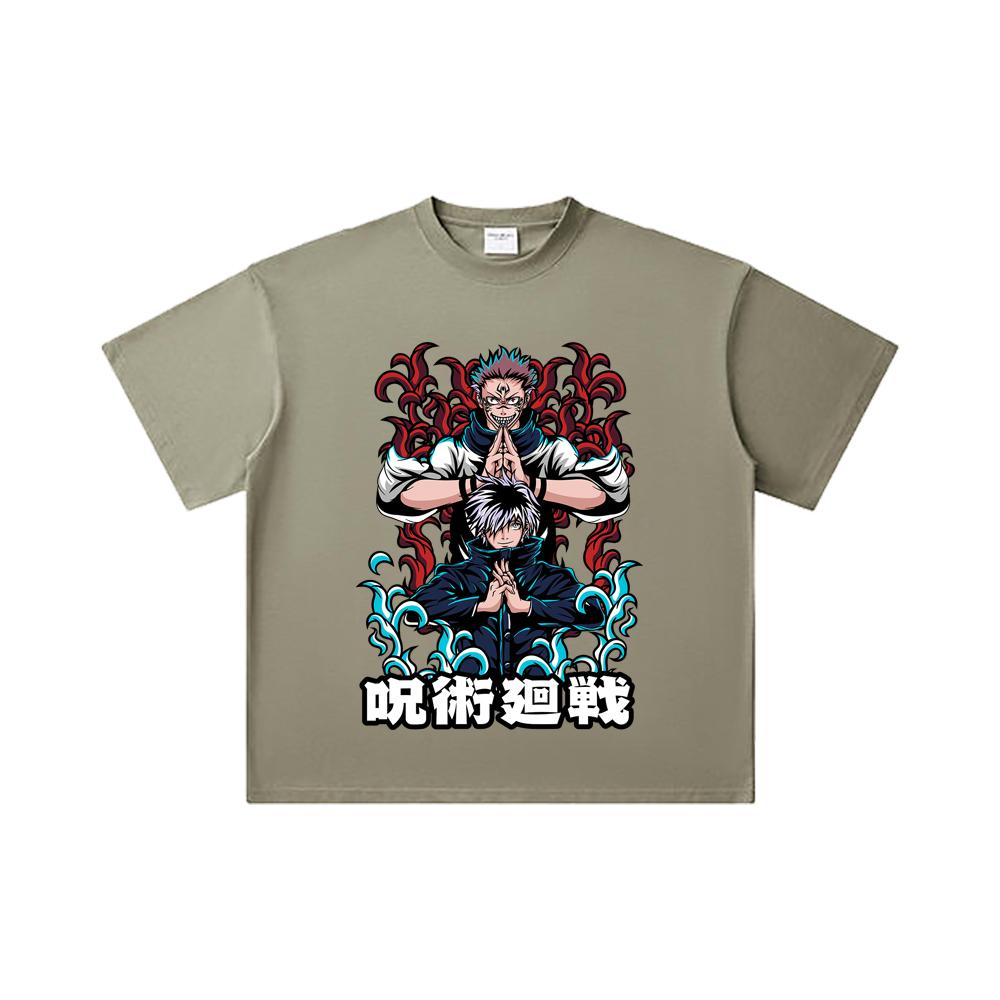 260 GSM Double Yarn 32 Count 100% Cotton Jujutsu Kaisen V49 Gojo Sukuna Print Unisex Heavy Cotton T Shirt