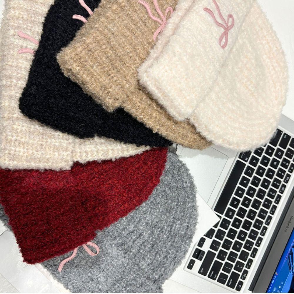 Solid Color Bow Knitted Hat Wool Hat Knit Beanie Casual Crochet Basin Cap  Outdoor