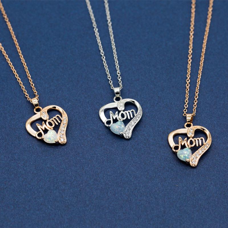 Mom Heart Opal & CZ Pendant Necklace, Mother's Day Gift Rose Gold/Silver Plated Cable Chain Necklace