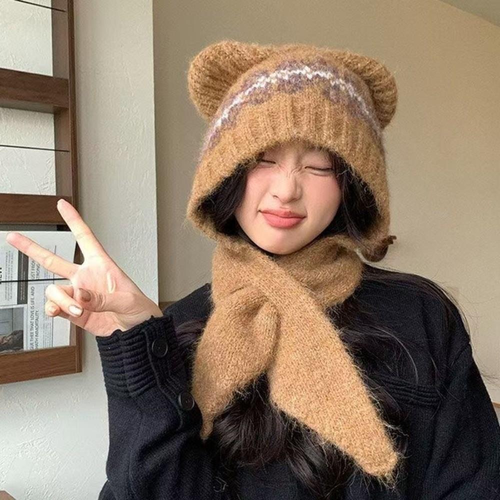 Cat Ear Warm Knitted Hat Pullover Style Windproof Balaclava Hat Thickened Ear Protection Women's Knitted Scarf Hat