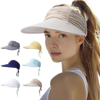 Sun Hat Wide Brim UV Protection Ponytail Hat Pleated Design Elastic Fit Empty Top Hat Summer Beach Travel Outdoor Sports Hat