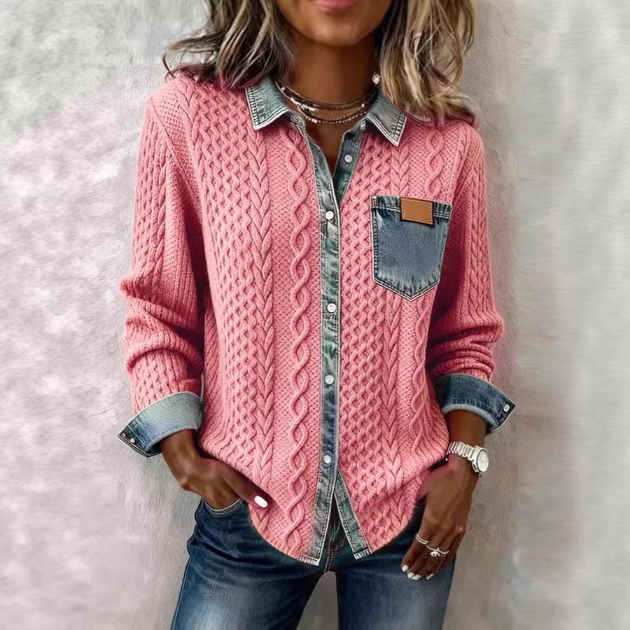 New Wind Knitted Patchwork Denim Shirt Women Autumn Winter Fashion Versatile Long Sleeve Cardigan Jacket