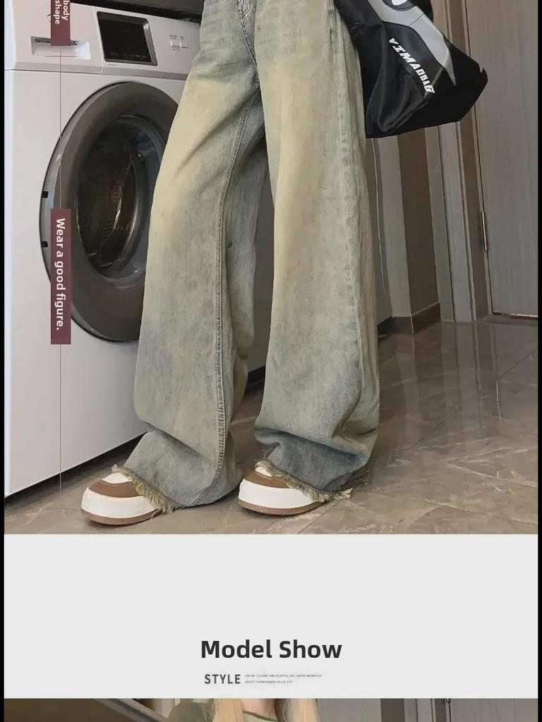 Damskie dżinsy retro z wysokim stanem, szerokimi nogawkami w amerykańskim stylu, z efektem postarzenia - mały rozmiar, luźny prosty krój, surowe wykończenie, idealne na jesień.