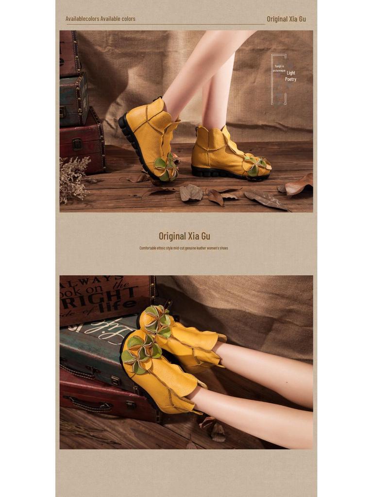 Damen Retro Leder Martin Kurzstiefel: Dicksohlige, dickabsatzige Stiefel mit Reißverschluss hinten für Herbst/Winter