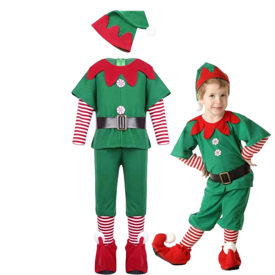 Girls Boys Christmas Elf Costume Xmas Santa Claus Green Elf Dress Kids Outfits Cosplay Clothing Xmas Gifts