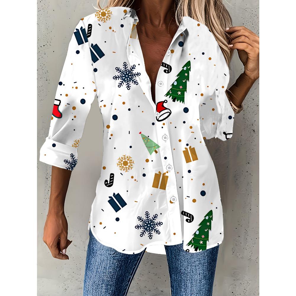 New Large Size Women's Long Sleeve Printed Shirt, Fashion Casual Button Up Lapel Shirt Women's Shirt