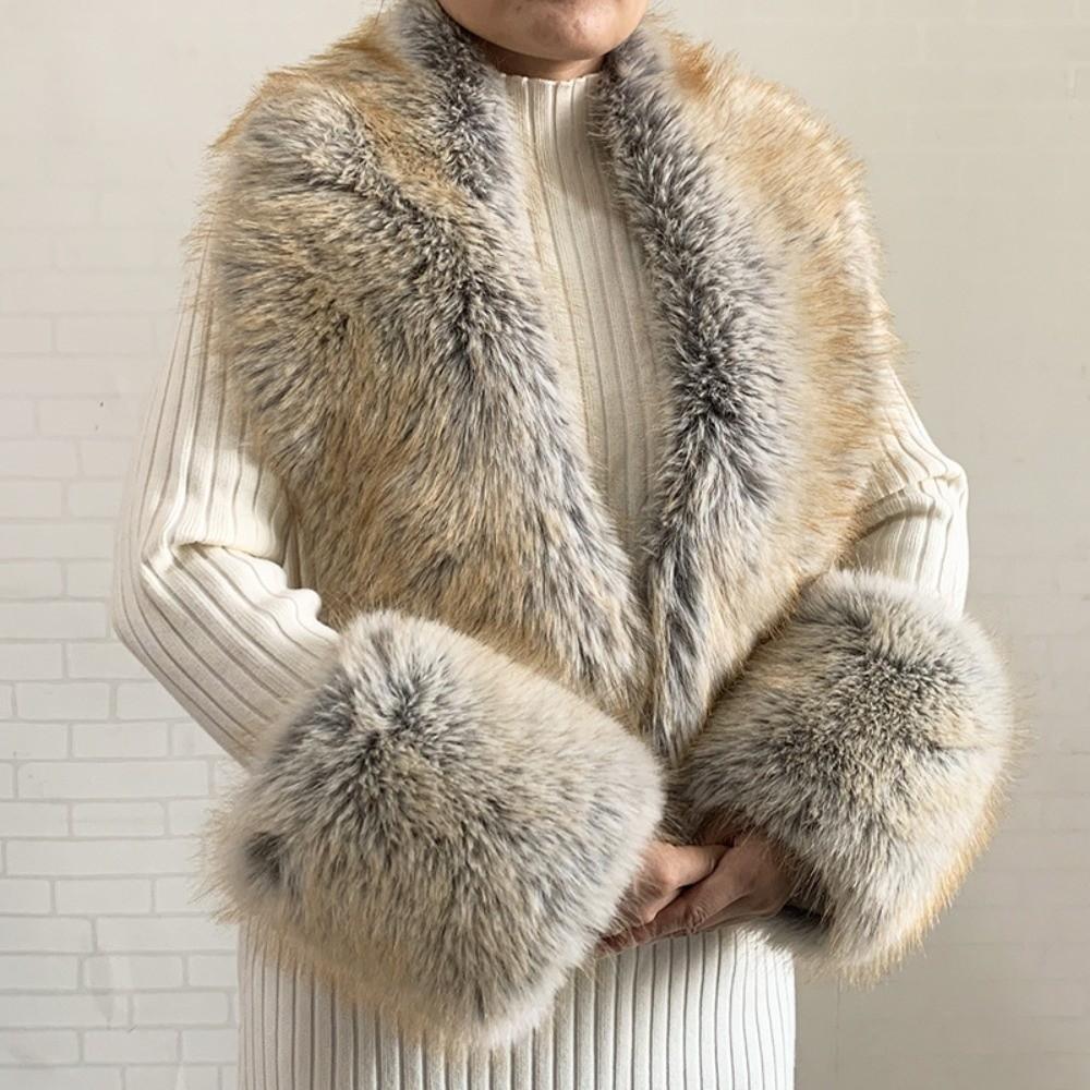 Oversized Fur Cuff Set V Shape Fur Trim Accessories Fluffy Shawl Collar Wrap Overcoat Matching