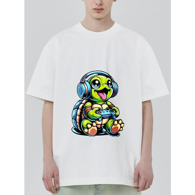 Crewneck T Shirt Black Turtle Gamer with Headphones and Controller Print for Casual Wear and Gaming Events