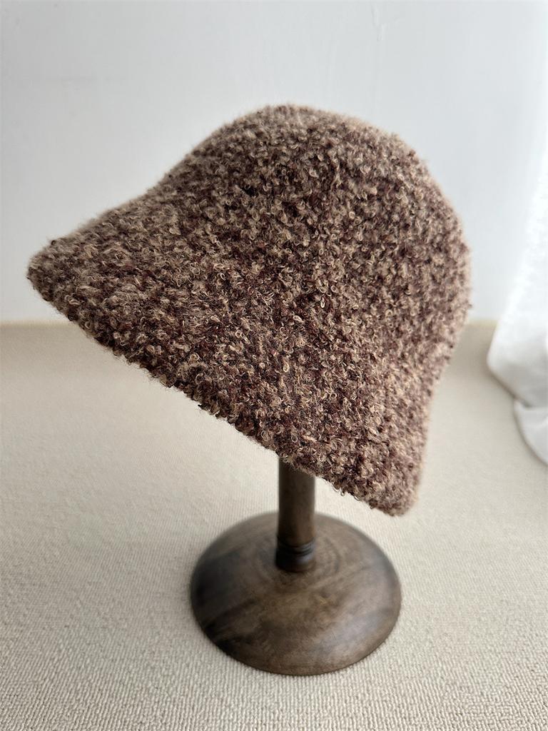 Retro bucket hat women's autumn and winter wool lamb plain face cover big head circumference basin hat versatile thickened warm bucket hat