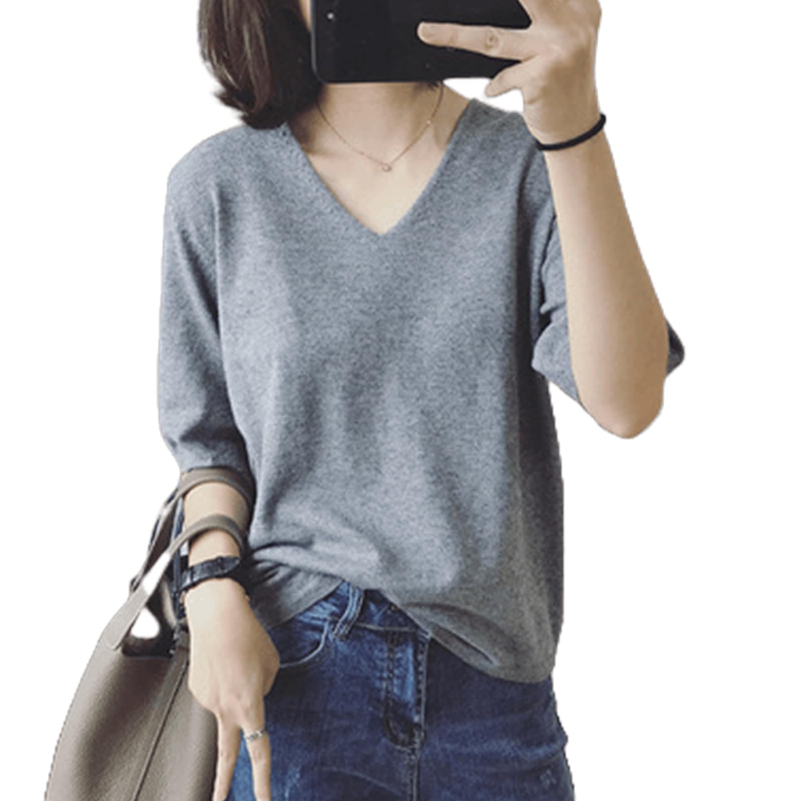 

Летний трикотаж для рукава высокий для большой летней одежды [xppe] женщины, V-образный вырез, топ 5/8, мягкий, качественный, тонкий, для взрослых, размер, стильный, чистый, эластичный, серый