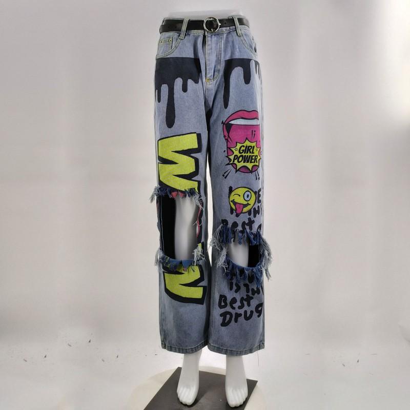 2605 Streetwear Ripped Jeans Women Multi-pocket Loose Fit Denim Trousers