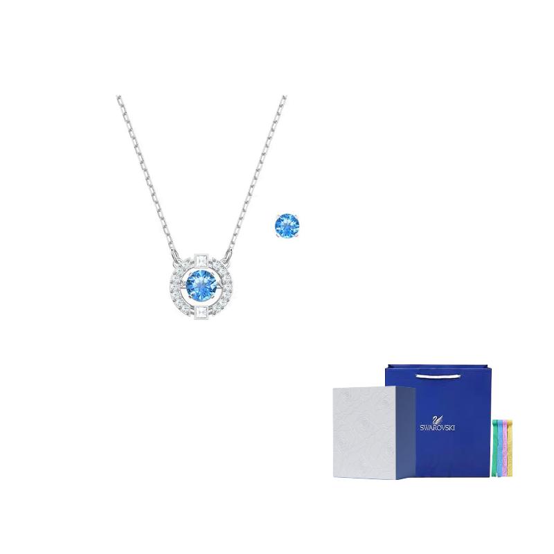 Swarovski Una Hoop Earrings Necklace Set Womens Blue/Plated White F-Camellia Embossed Gift Box