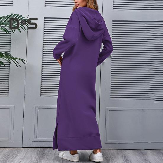 Kvinner Høst Vinter Ensfarget sweatshirtkjole Hette med snøring Langermet frontlomme sidesplitt maxikjole