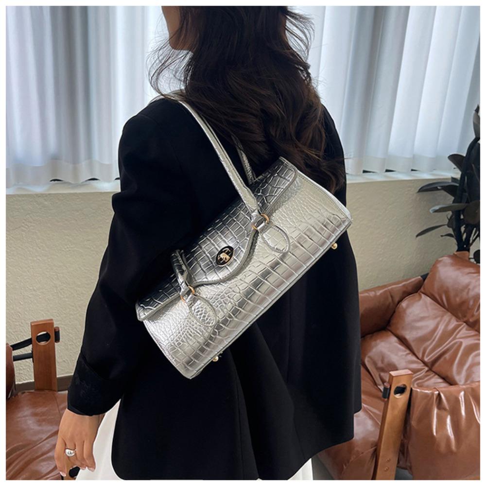 Women's Crocodile Pattern Handbag: Elegant PU Leather Top-Handle Satchel with Gold Lock, Retro Shoulder Bag for Work & Commute