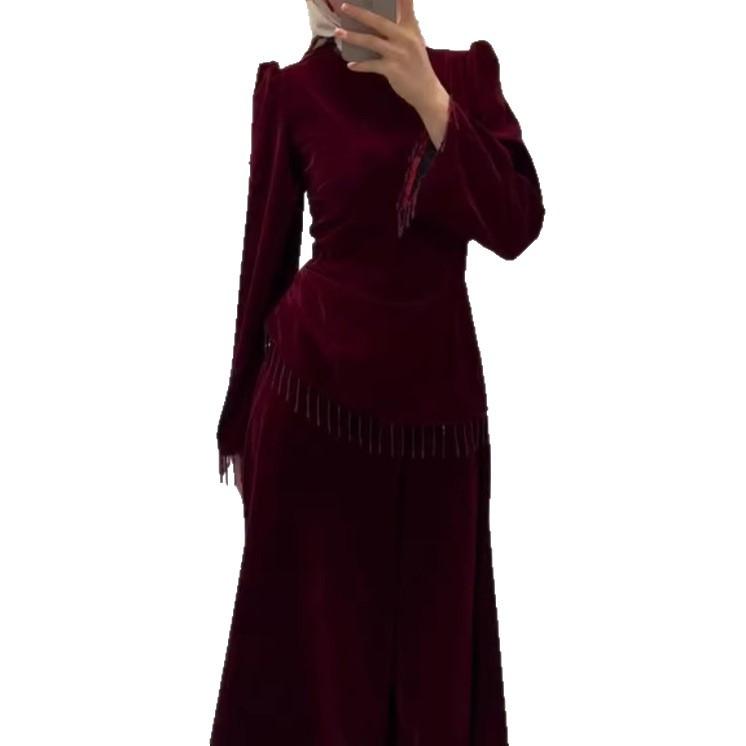 Cross-border Autumn Temperament Fringed Long-sleeved European and American Women's Clothing Amazon  Velvet French Celebrity Hip Skirt