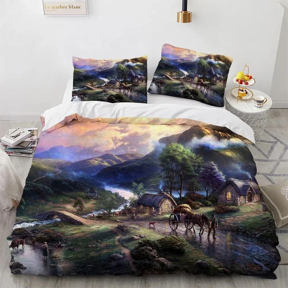 Beautiful Painting House Tree Comfortable Duvet Quilt Cover Pillowcase Bedding Set Children Bedroom Decoration Home Textile