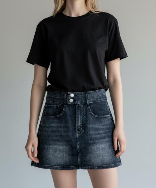 Bonseullipi Double Button Denim Mini Skirt (Black)