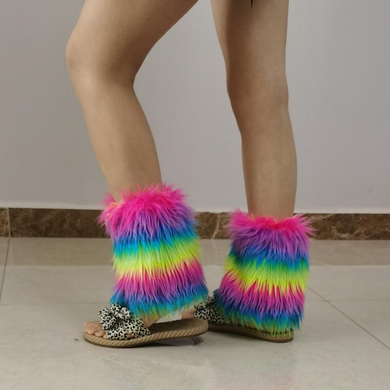 Winter 80s Furry Long Socks Leggings Cover Leg Warmer Punk Boots Socks Plush Vintage Rainbow Warm Boot Cuffs Leg Cover