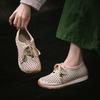 Johnature Genuine Leather Hollow-out Breathable Casual Shoes Lightweight Versatile Lace Up Women's Flat Shoes