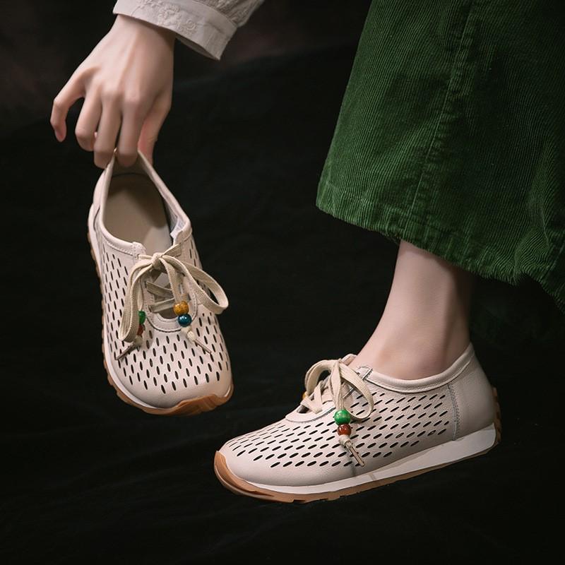Johnature Genuine Leather Hollow-out Breathable Casual Shoes Lightweight Versatile Lace Up Women's Flat Shoes