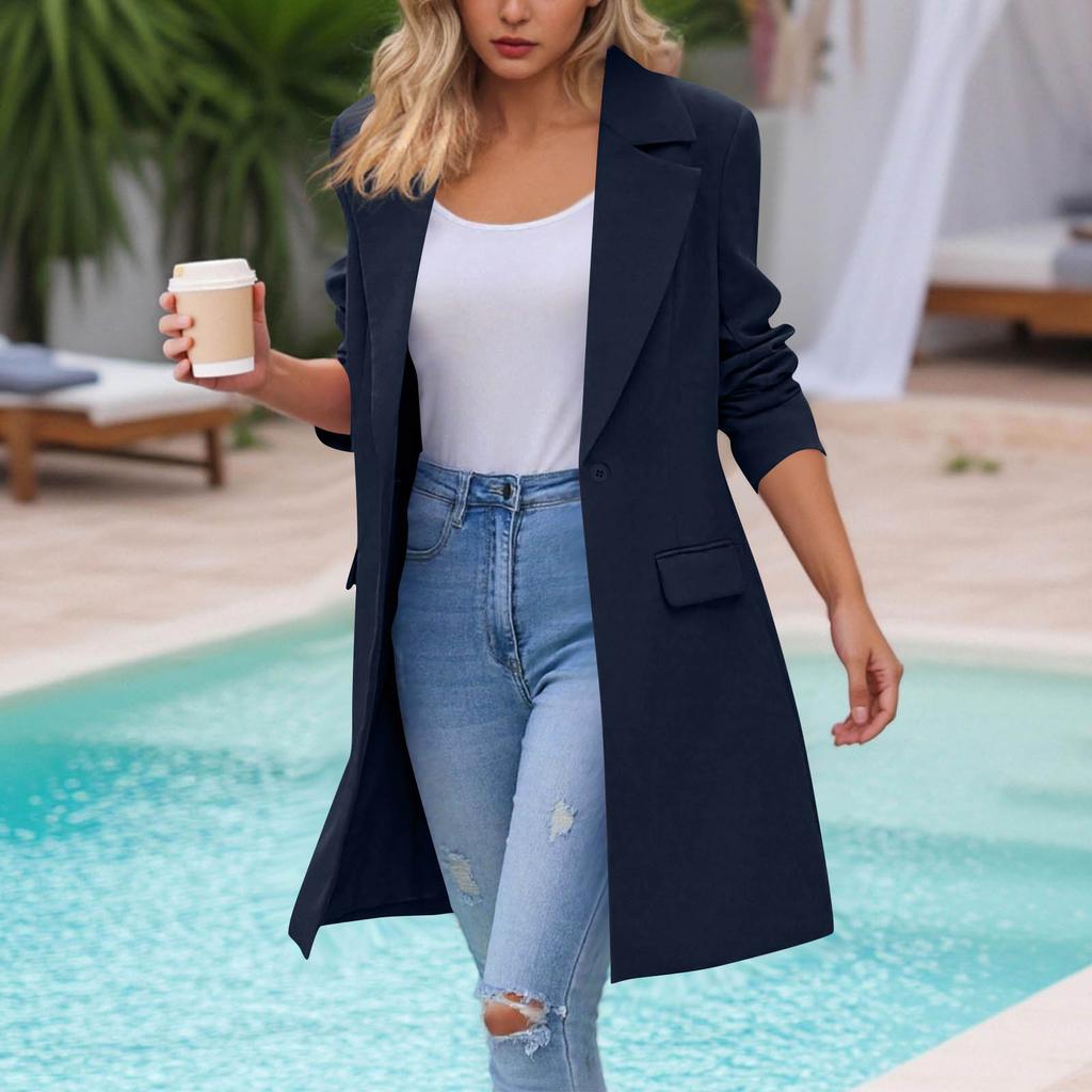 Women's Fashion Casual Long Sleeve Long Suit Jacket With Pockets